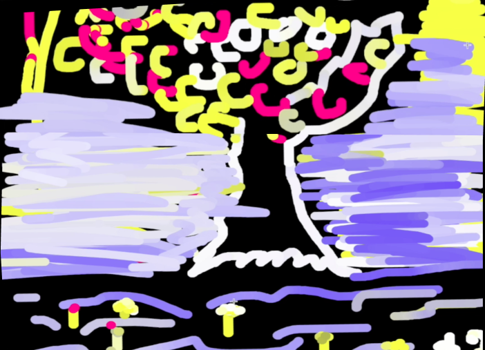 A collaborative drawing of a tree. Smiling facial expression used for the top yellow lines
